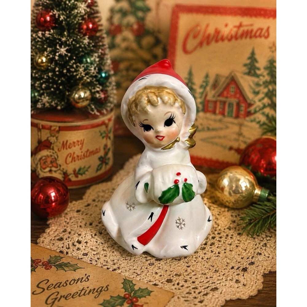 Vintage Napco Christmas Girl Bell Figurine White Coat Holly Japan 4” Tall Decor